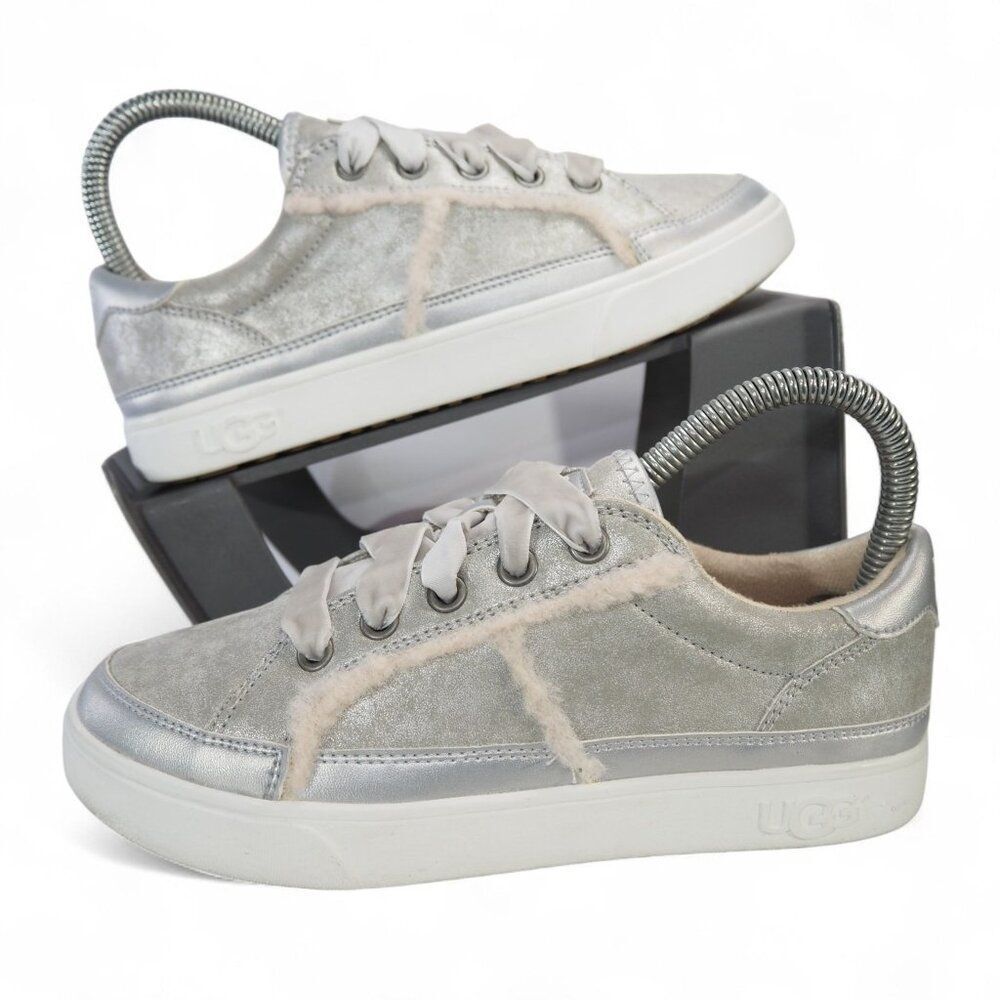 UGG Allana Leather Casual Fur Trim Sneakers Youth 3 Metallic Silver 1094487K